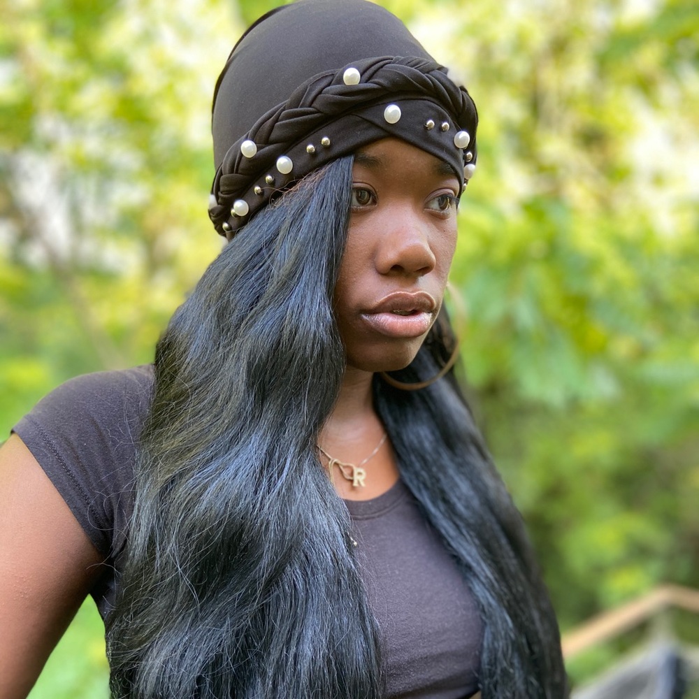 Black Turban with Silver and Pearl beading